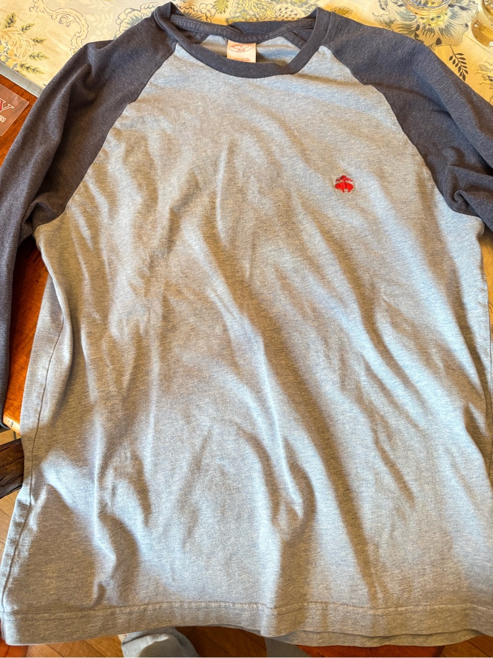 Brooks Brothers Grey Body Light Blue Raglan Long-Sleeve Tee with Red Logo